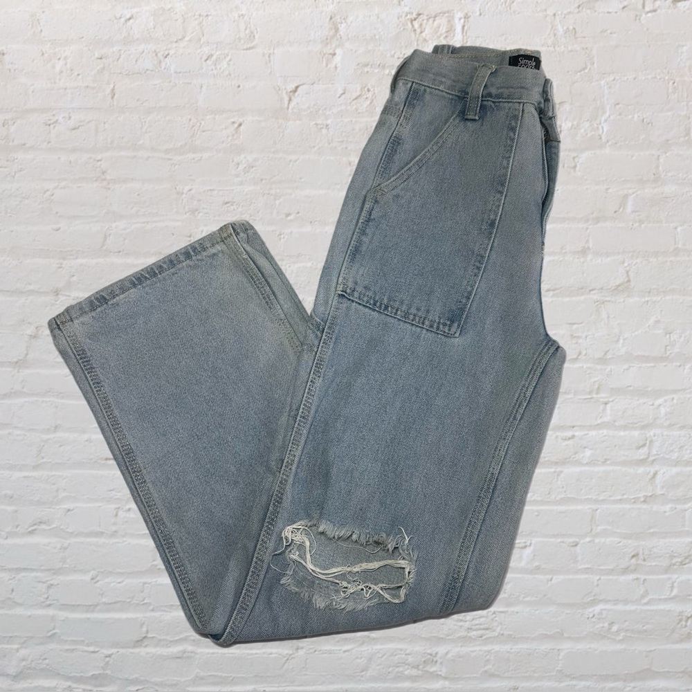 Simple Society Light Blue Distressed Flare High Rise Cargo Jeans in Size 00